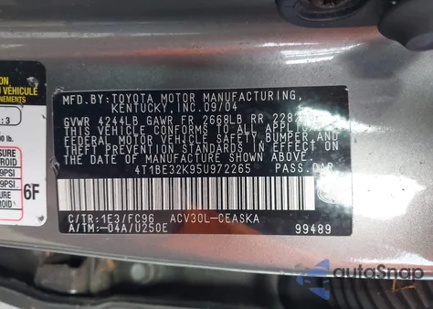 2005 Toyota Camry Se из США, поврежденный, VIN 4T1BE32K95U972265